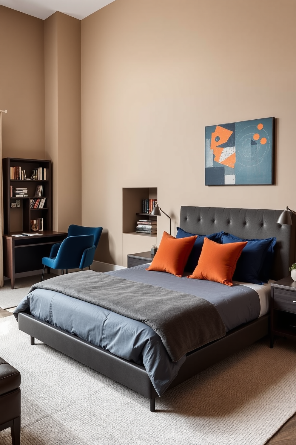 A stylish men's bedroom featuring a neutral color palette with accents of deep blue and burnt orange. The space includes a sleek platform bed with a plush gray duvet and vibrant throw pillows, complemented by a modern desk in dark wood. A cozy reading nook is positioned by the window, adorned with a soft armchair in navy and a small bookshelf filled with curated novels. The walls are painted in a warm beige, while a bold abstract artwork adds a striking focal point above the bed.