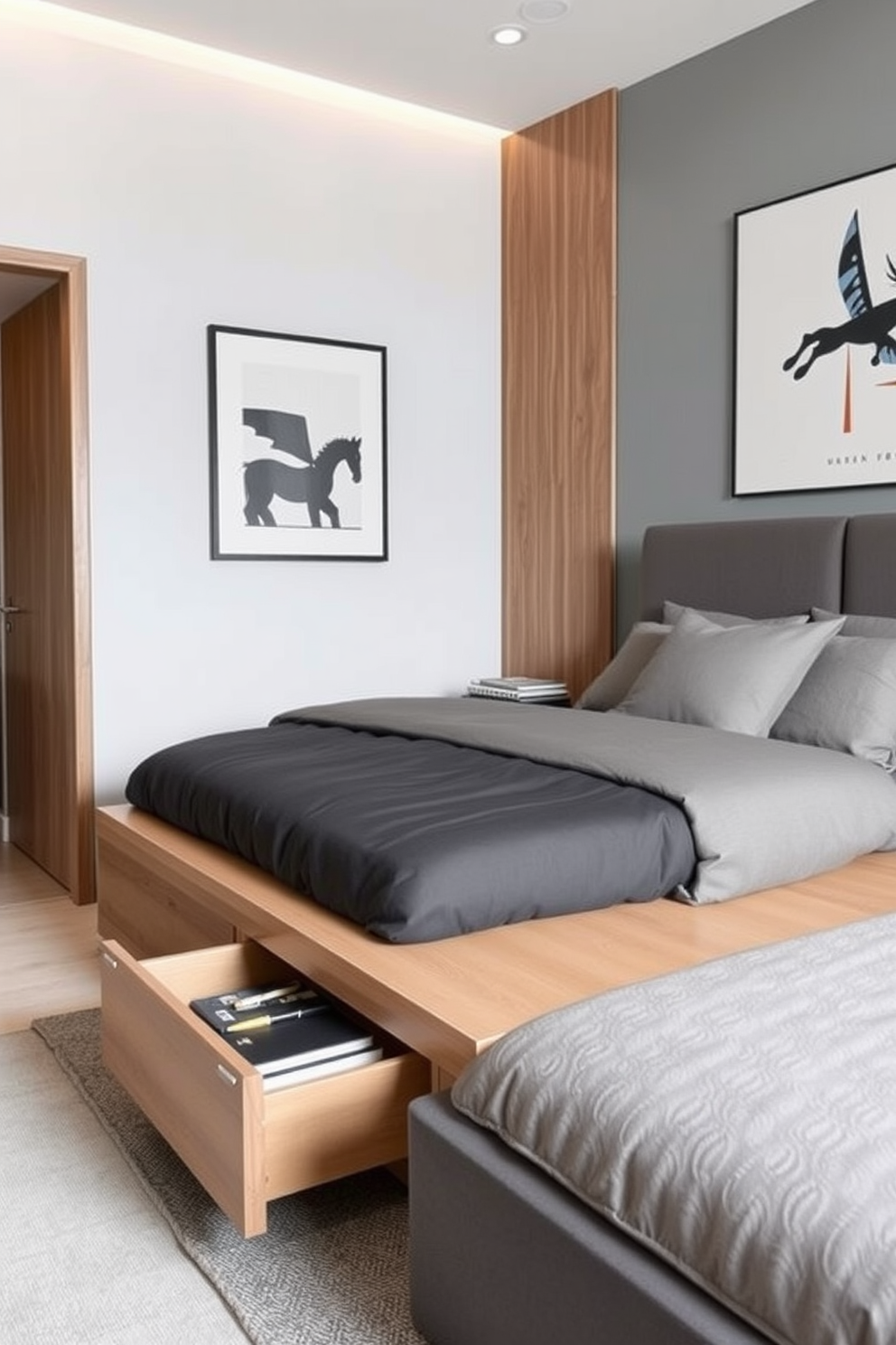 A cozy men's bedroom featuring a king-sized bed with a dark wood frame. The bedding is a mix of navy blue and crisp white, complemented by a patterned throw blanket at the foot of the bed. On one side of the room, a sleek wooden dresser holds a stylish lamp and a few personal items. Tropical plants are placed in the corners, adding a fresh and vibrant atmosphere to the space.