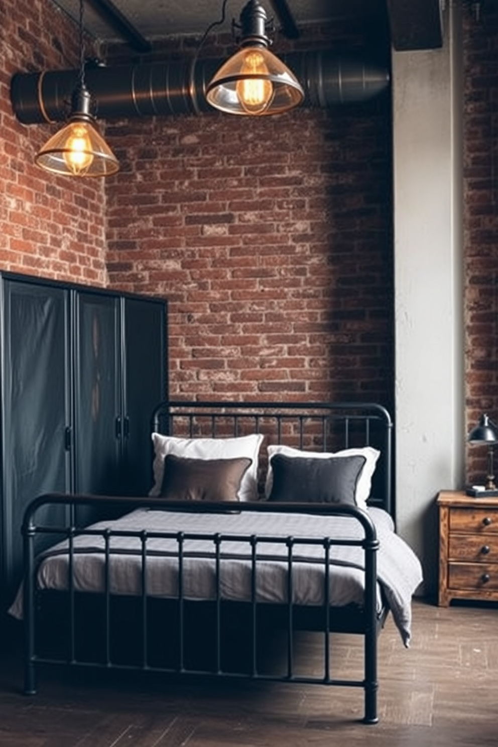 A stylish men's bedroom featuring an industrial theme. The room includes a metal bed frame with a dark wood headboard and exposed brick walls. The lighting fixtures are vintage-style pendant lamps with a warm glow. A large metal wardrobe stands against one wall, complemented by a rustic wooden nightstand.