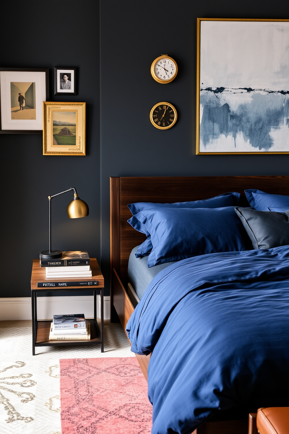 A stylish men's bedroom featuring a sleek dark wood bed frame with plush bedding in deep blue tones. The walls are adorned with unique art pieces that reflect personal interests, adding character and warmth to the space. A modern nightstand beside the bed holds a minimalist lamp and a stack of books, while an abstract painting hangs above it. Rich textures like a soft area rug and leather accents create a cozy yet sophisticated atmosphere.