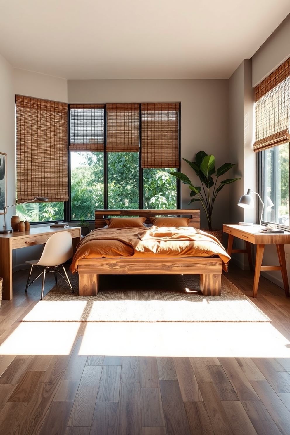 A modern men's bedroom featuring eco-friendly materials that promote sustainable design. The bed frame is crafted from reclaimed wood, and the bedding is made from organic cotton in earthy tones. Natural light floods the room through large windows adorned with bamboo shades. A stylish desk made from sustainable materials sits against one wall, accompanied by a chair made from recycled plastic.