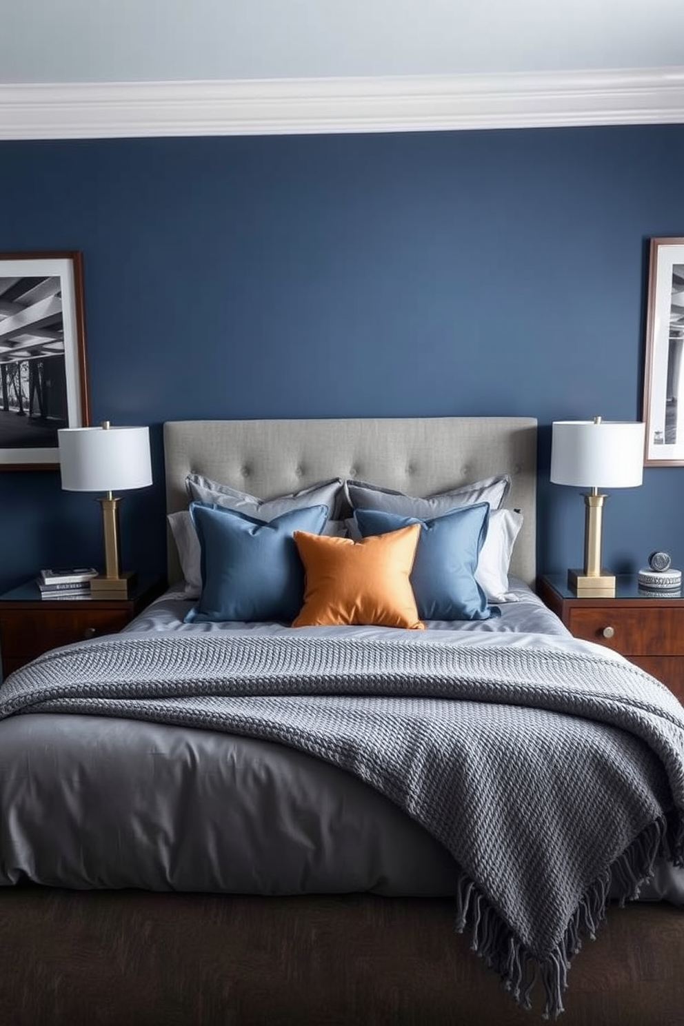 A men's bedroom designed with a cohesive color palette featuring deep blues and warm grays. The bed is dressed in luxurious linens, complemented by matching throw pillows and a cozy knitted blanket. A sleek wooden nightstand sits on either side of the bed, topped with stylish lamps that provide soft lighting. The walls are adorned with framed artwork that reflects the color scheme, creating a harmonious and inviting atmosphere.