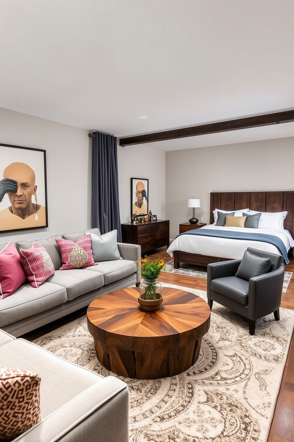 A cozy seating area designed for relaxation features a plush sectional sofa in a soft gray fabric, accented with colorful throw pillows. A round coffee table made of reclaimed wood sits in the center, surrounded by a soft area rug that adds warmth to the space. The men's bedroom design incorporates a king-sized bed with a dark wood headboard and crisp white linens. Industrial-style bedside lamps provide ambient lighting, while a sleek dresser and a comfortable armchair complete the sophisticated look.