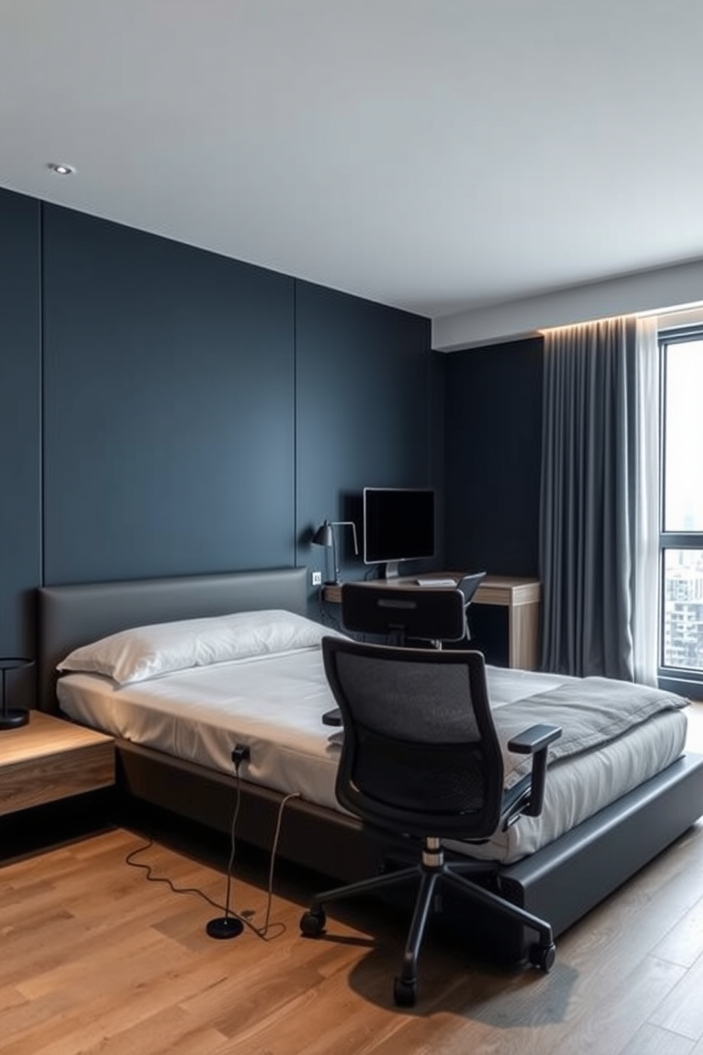 A modern men's bedroom featuring integrated smart technology. The room includes a sleek bed with adjustable firmness and a smart bedside table that controls lighting and sound. The walls are painted in a deep navy blue, creating a calming atmosphere. A minimalist desk with built-in charging ports and a comfortable ergonomic chair are positioned near a large window.