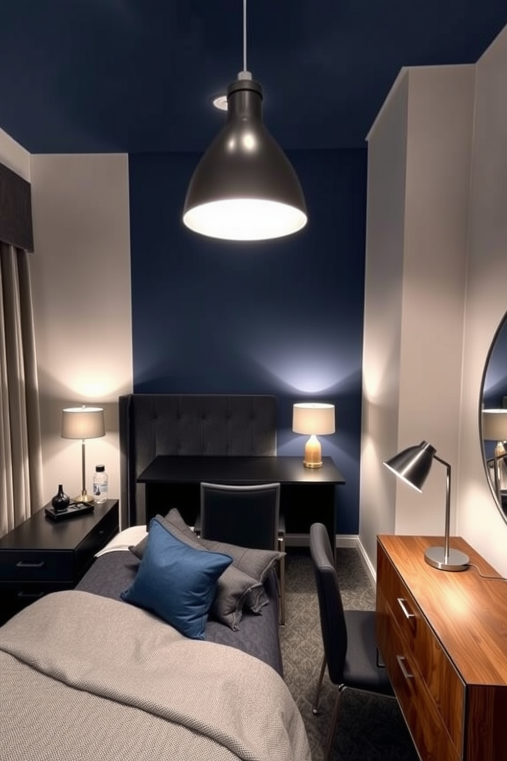 A men's bedroom featuring layered lighting that enhances both ambiance and functionality. The space includes a stylish bed with a plush headboard, complemented by bedside tables with modern lamps that provide soft illumination. Incorporate a sleek desk area with a statement pendant light above, creating a productive workspace. The color palette consists of deep blues and grays, accented by warm wood tones and metallic finishes for a sophisticated touch.