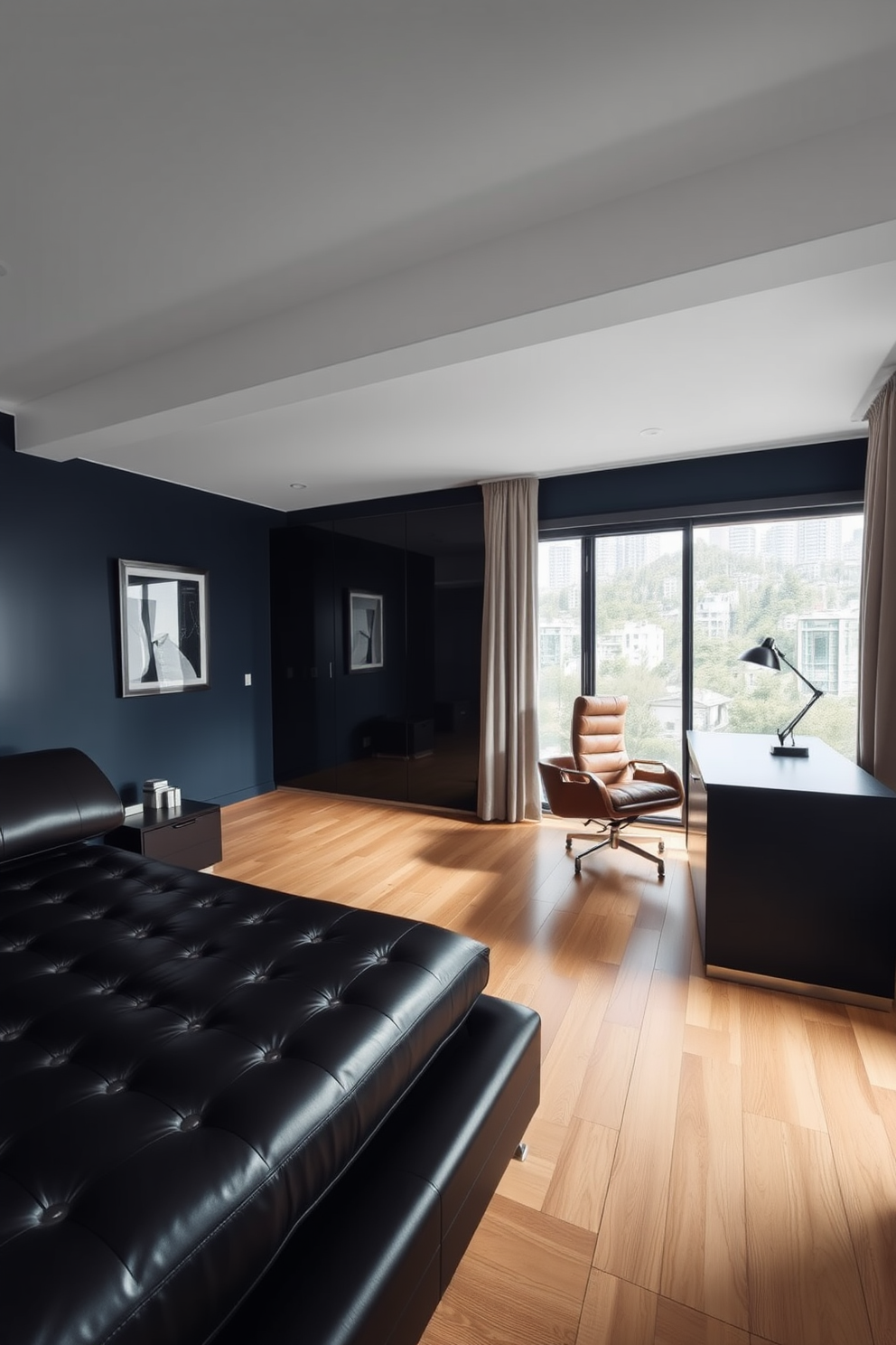 A stylish men's bedroom featuring sleek leather furniture that exudes sophistication. The room includes a large leather bed with a minimalist design complemented by matching leather nightstands on either side. The walls are painted in a deep navy blue, creating a bold contrast with the light hardwood flooring. A modern desk with a leather chair is positioned near the window, providing a perfect workspace that maintains the chic aesthetic.