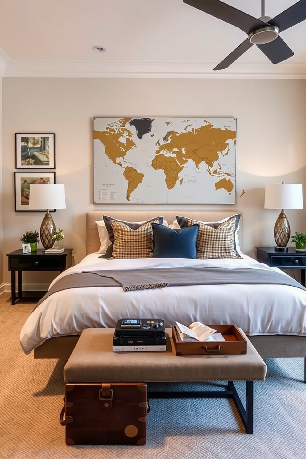 Travel inspired decor for a personal touch. Incorporate souvenirs from your travels as decorative elements throughout the space. Men's bedroom design ideas. Use a neutral color palette with bold accent pieces to create a modern and masculine atmosphere.