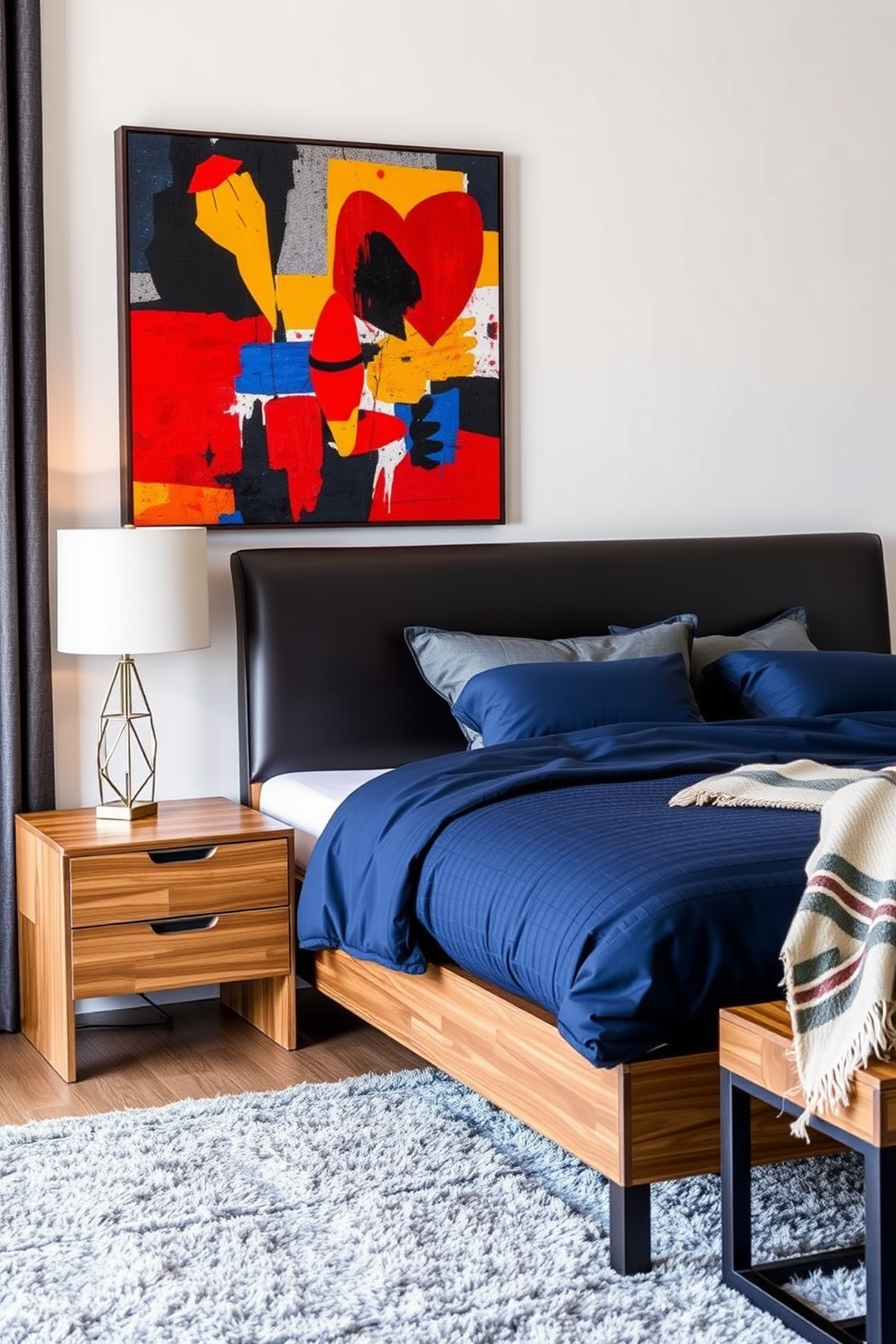 A men's bedroom design featuring bold color accents against neutral walls. The room includes a king-sized bed with a navy blue duvet and matching throw pillows, complemented by a sleek black leather headboard. To the side, a modern wooden nightstand holds a stylish lamp with a geometric design. The floor is covered with a plush gray area rug, and a vibrant abstract artwork hangs above the bed, adding a pop of color to the space.