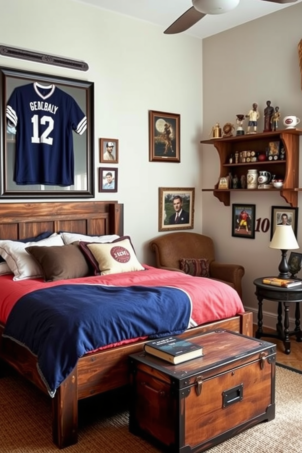 A vintage sports memorabilia themed bedroom features framed jerseys and signed photographs displayed on the walls. A rustic wooden bed frame holds a plush mattress with bedding in team colors, complemented by a vintage trunk at the foot of the bed for storage. The room includes a cozy reading nook with a vintage armchair and a small side table adorned with a classic sports book. A wall-mounted shelf showcases collectible figurines and trophies, adding character to the space.