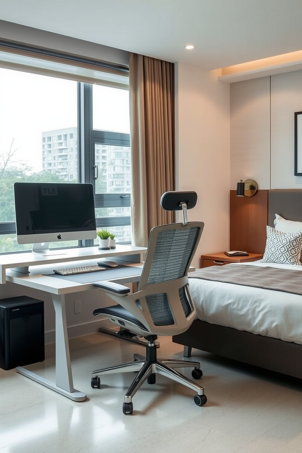 A functional workspace seamlessly integrated into a modern bedroom. The design features a sleek desk with a comfortable ergonomic chair, positioned near a large window that allows natural light to flood the space. The bedroom area includes a stylish bed with plush bedding and coordinated throw pillows. Neutral tones dominate the color palette, while a few decorative elements add a touch of personality to the overall design.