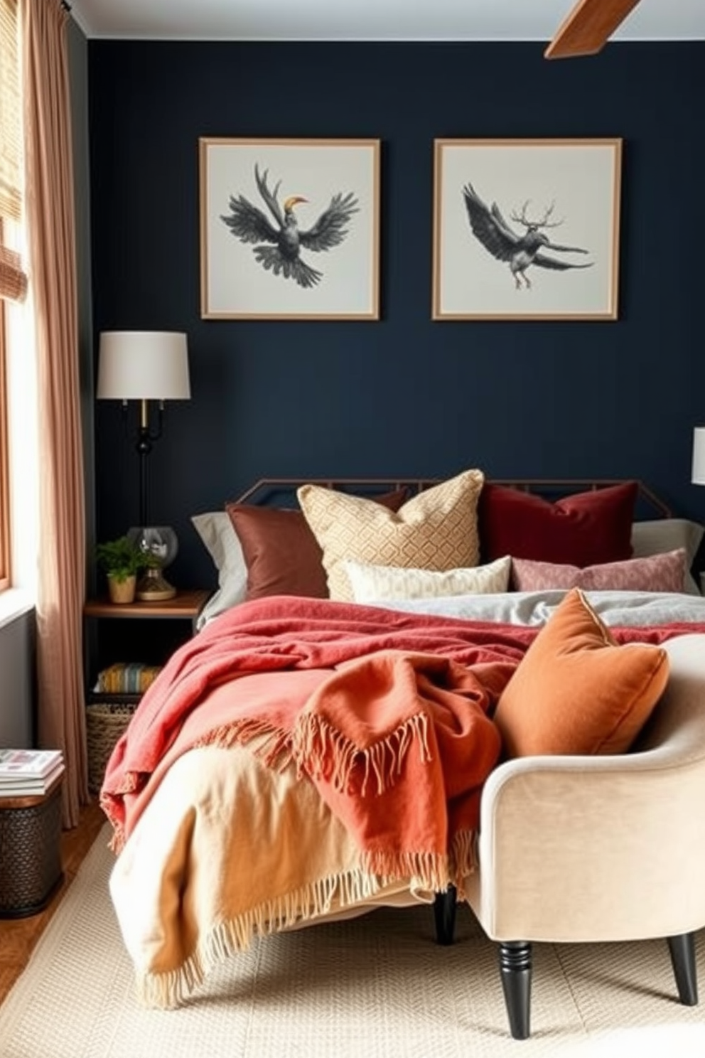 A cozy men's bedroom featuring layered textiles for warmth and comfort. The bed is adorned with a mix of plush blankets and decorative pillows in rich, earthy tones. A stylish armchair sits in the corner, draped with a soft throw blanket. The walls are painted in a deep navy blue, complemented by warm wooden accents throughout the space.