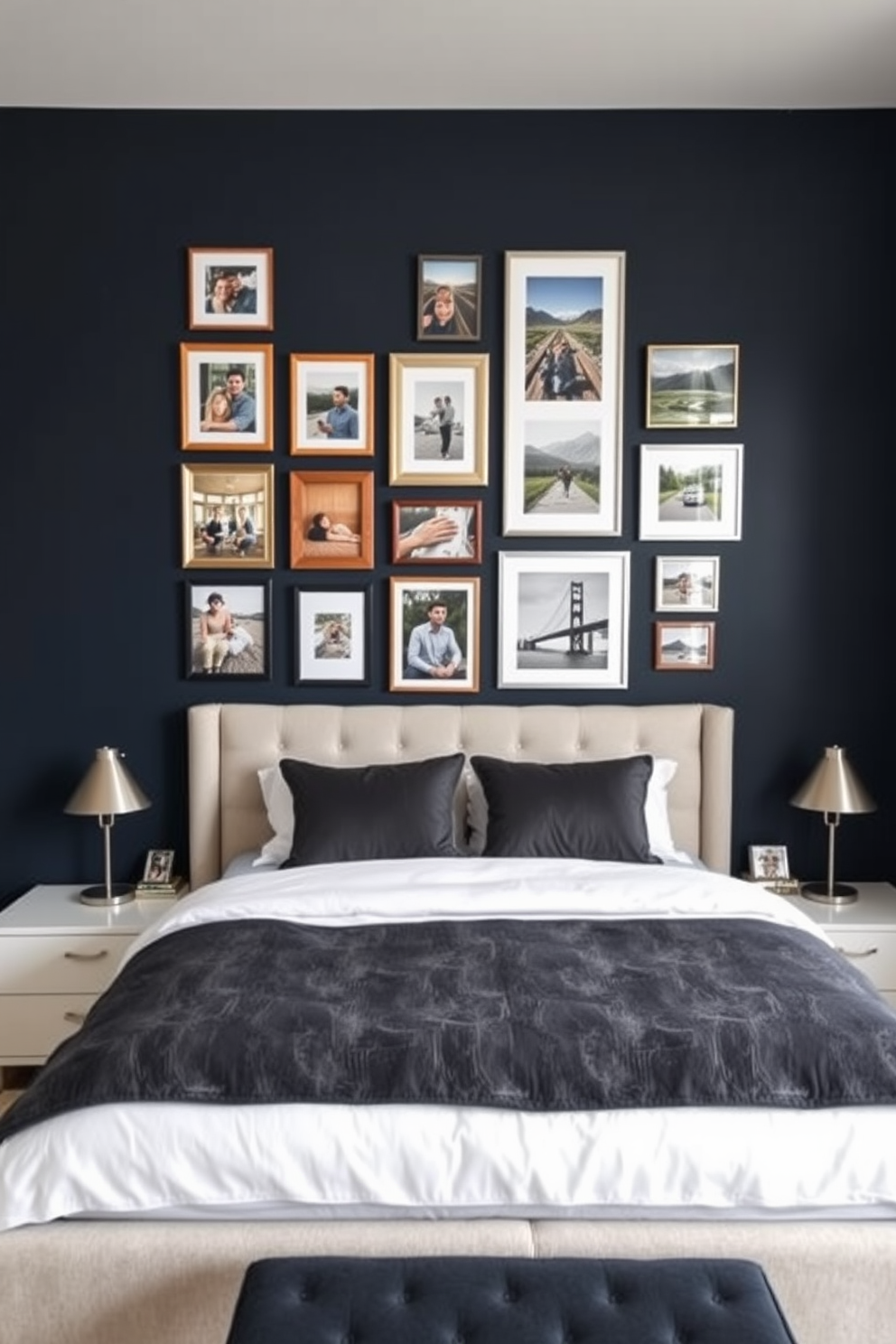 A gallery wall is adorned with personal photography that captures memorable moments and adventures. The frames vary in size and style, creating an eclectic yet harmonious display. The men's bedroom features a sleek, modern aesthetic with a deep navy accent wall. A plush king-sized bed is centered in the room, flanked by minimalist nightstands with stylish lamps.