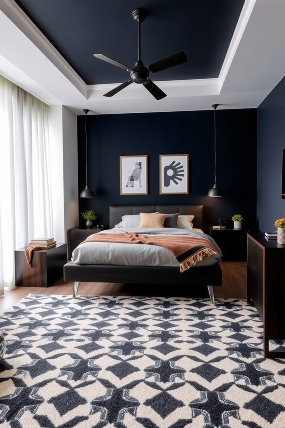 A stylish men's bedroom featuring a monochrome color palette that emphasizes shades of black, white, and gray. The walls are adorned with geometric patterns, creating a modern and sophisticated atmosphere. A sleek platform bed with a black leather headboard is centered against the wall. Flanking the bed are minimalist nightstands with angular designs, each topped with a contemporary lamp.