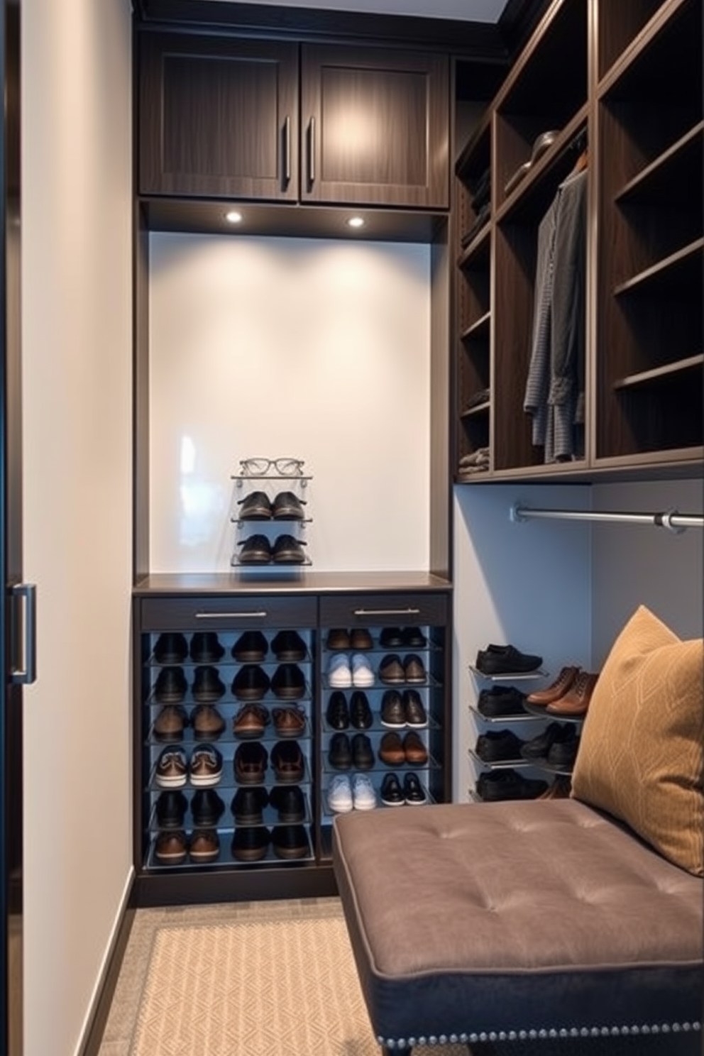 A spacious men's walk-in closet featuring spinning shoe racks for easy access. The closet is designed with sleek dark wood cabinetry, ample lighting, and a stylish seating area for convenience.