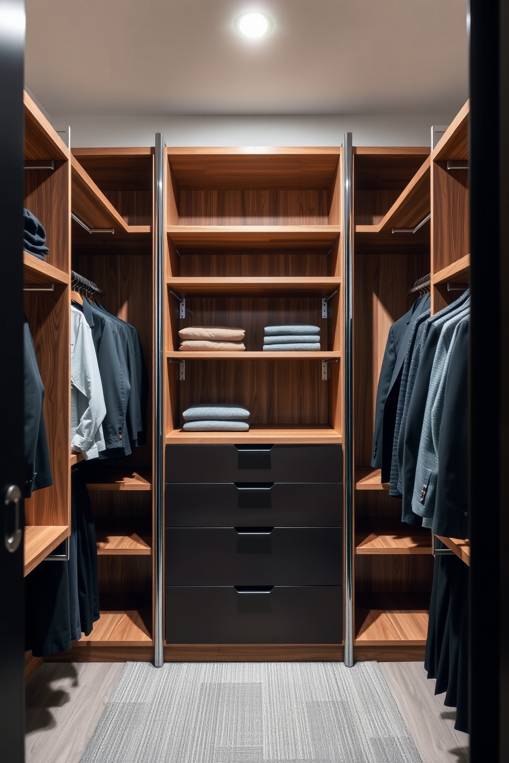 A men's walk-in closet featuring adjustable shelving for versatile storage. The space is designed with a combination of dark wood and sleek metal accents, providing a modern yet functional aesthetic.