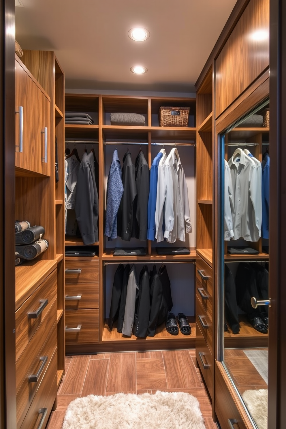 A stylish men's walk-in closet featuring multi-purpose storage solutions for versatility. The design includes a combination of open shelving, hanging rods, and drawers, all crafted from rich wood finishes. The space is illuminated by recessed lighting that highlights the organized layout. A plush area rug adds warmth, while a full-length mirror enhances the sense of space and functionality.