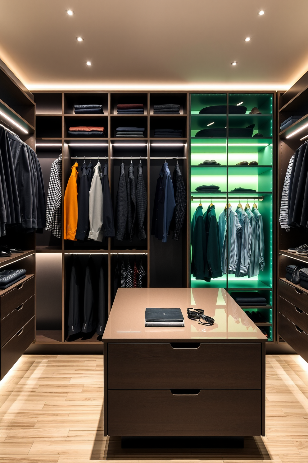 A modern walk-in closet designed for men featuring color-coded clothing sections for quick selection. The space includes sleek shelving units and a center island with drawers for accessories, all illuminated by warm LED lighting.