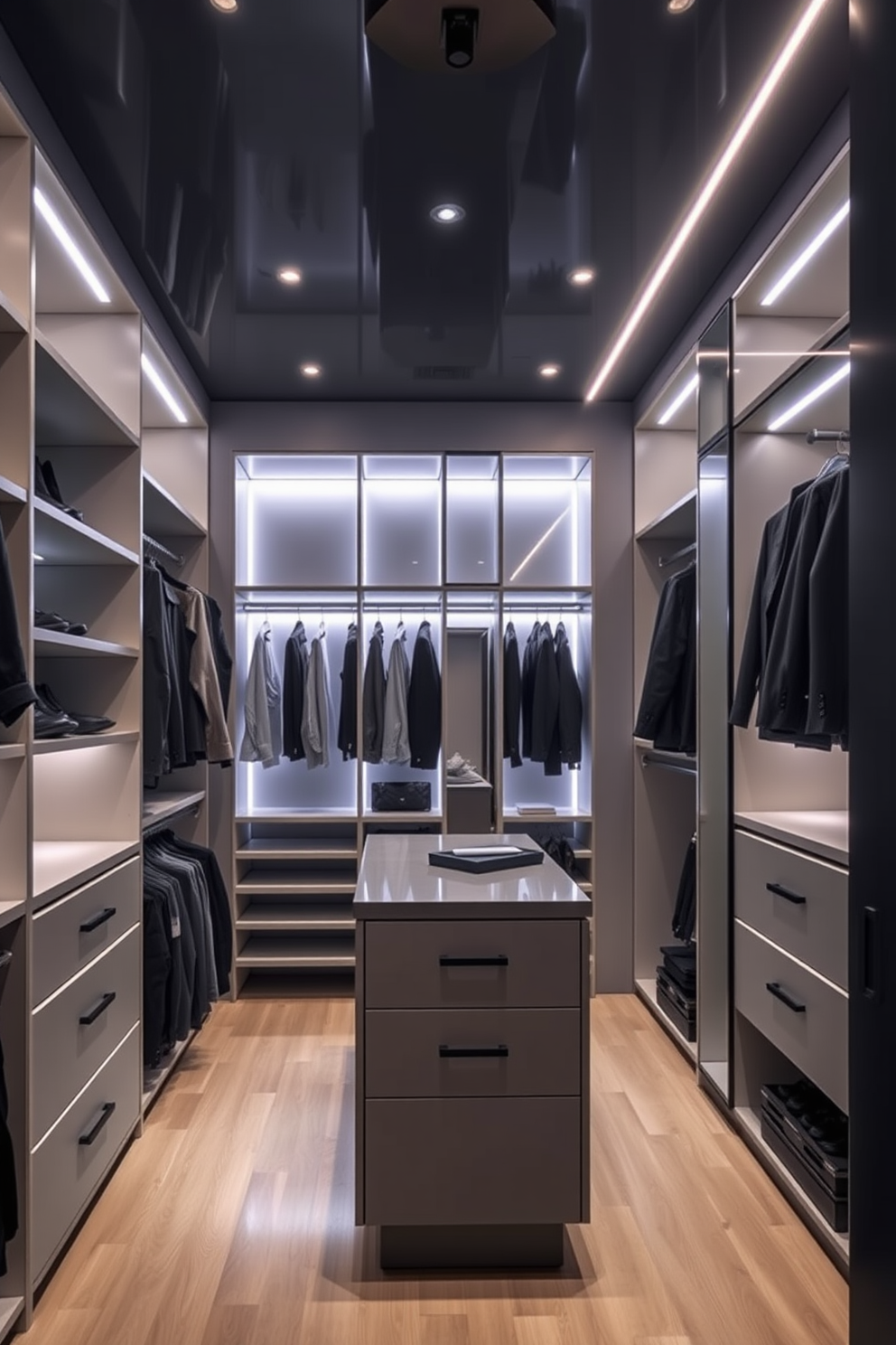 A men's walk-in closet featuring integrated lighting that enhances the modern aesthetic. The space includes sleek built-in shelves, a central island with drawers, and a full-length mirror reflecting the organized layout.