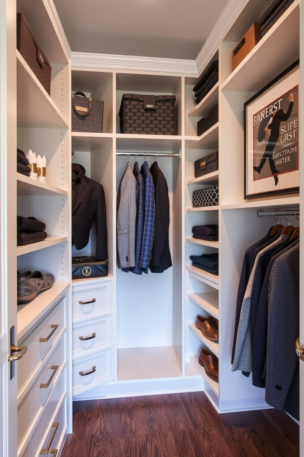 A stylish men's walk-in closet featuring custom shelving and hanging spaces designed for organization. The closet is accented with personalized artwork that reflects the owner's unique style, creating a sophisticated atmosphere.