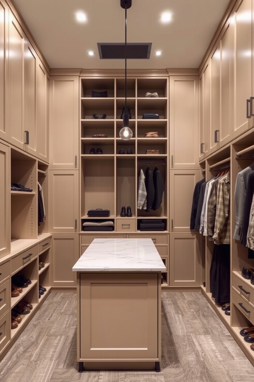 A men's walk-in closet featuring custom cabinetry in a soft beige finish. The space is illuminated by recessed lighting, enhancing the neutral palette of taupe and cream throughout. A central island with a smooth marble top provides ample space for accessories and storage. Elegant shoe racks and tailored hanging sections are organized to create a functional yet stylish environment.