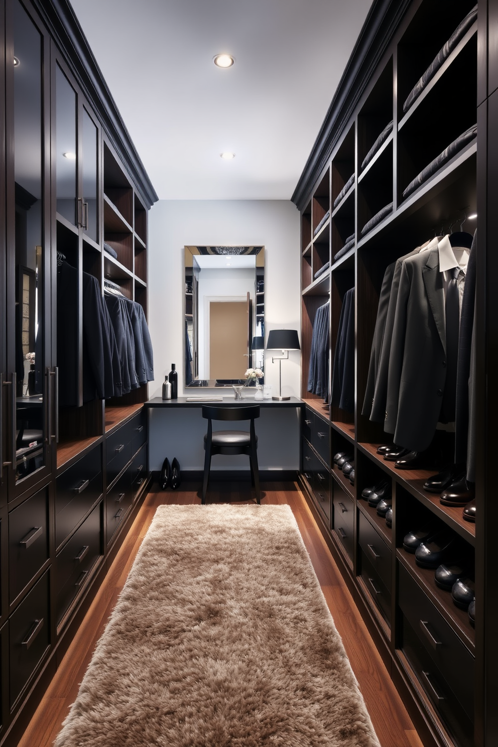 A stylish men's walk-in closet featuring a small desk for convenience. The walls are lined with dark wood cabinetry, showcasing neatly arranged suits and shoes. A plush area rug adds warmth to the space, while a full-length mirror reflects the elegant design. Soft, ambient lighting highlights the organized shelves and the small desk, creating a functional yet sophisticated atmosphere.