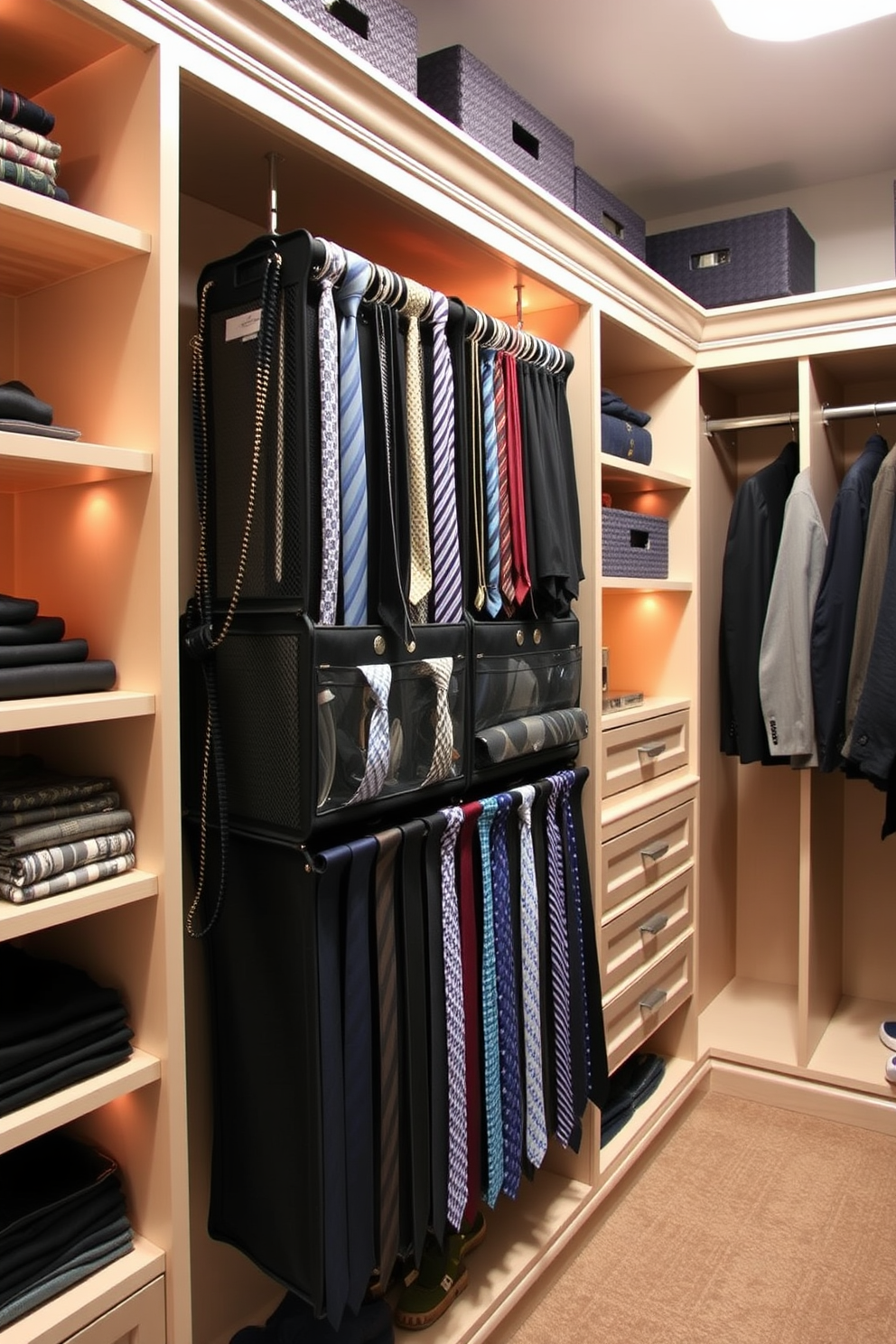 A stylish men's walk-in closet features hanging organizers for accessories and ties, maximizing space and keeping items neatly arranged. The design includes a combination of open shelving and closed cabinets, with warm lighting creating an inviting atmosphere.