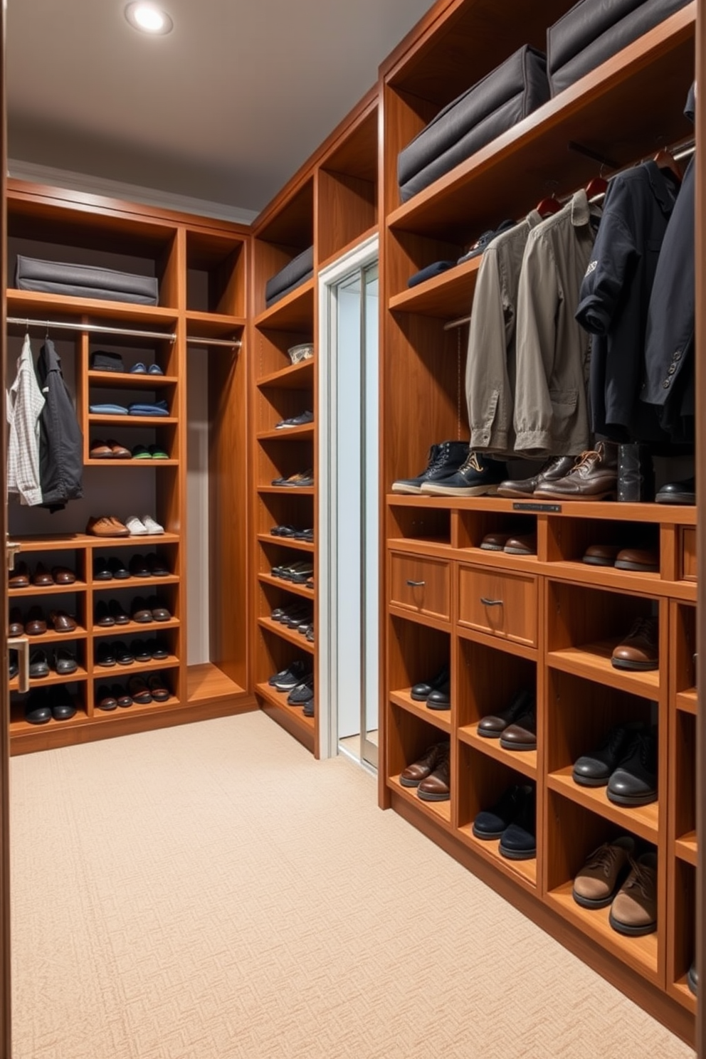 A spacious men's walk-in closet features custom shoe cubbies designed for neat organization. The cubbies are crafted from rich wood, providing ample space for various shoe styles while maintaining a clean and sophisticated look.