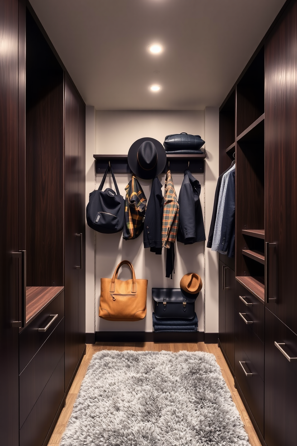 A modern walk-in closet designed for men features wall-mounted hooks for bags and hats, providing easy access and organization. The space is illuminated by sleek recessed lighting, with dark wood cabinetry and a plush area rug adding warmth and sophistication.