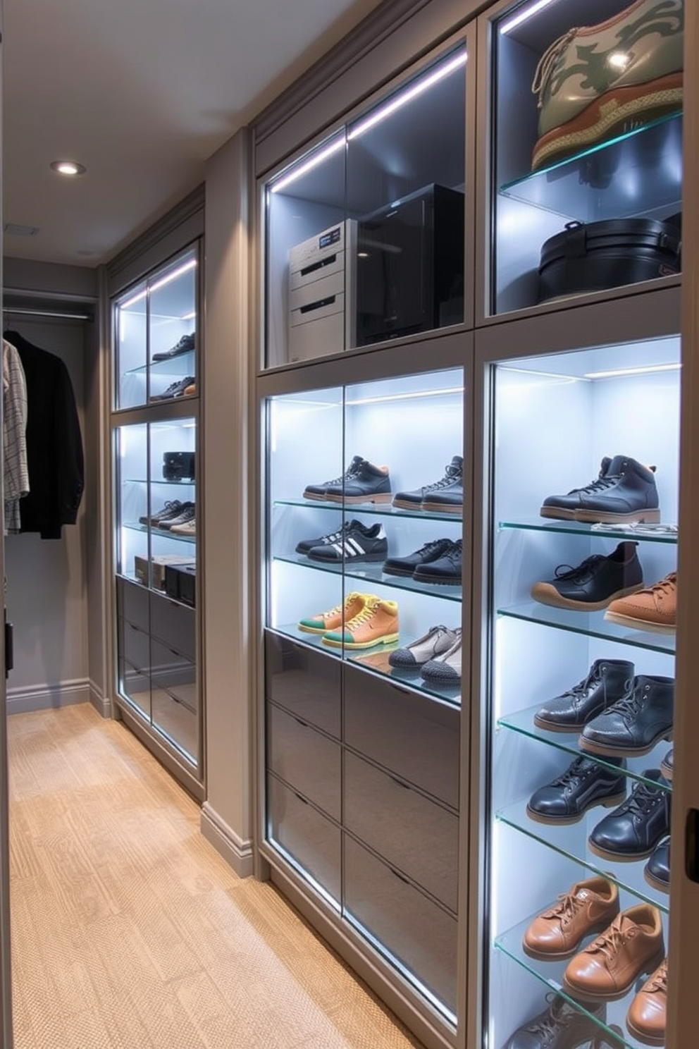 A luxurious men's walk-in closet featuring lighted display cases for stylish storage. The display cases are elegantly designed with glass doors, showcasing a curated collection of shoes and accessories. Rich wooden shelving lines the walls, providing ample space for folded clothing and neatly hung suits. Soft, ambient lighting enhances the sophisticated atmosphere, creating a welcoming and organized space.