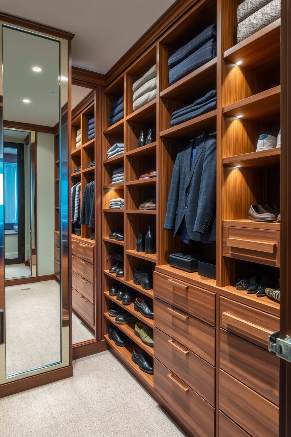 A stylish men's walk-in closet designed for seasonal storage of off-season items. The space features custom shelving and drawers in a rich walnut finish, providing ample storage for shoes, clothing, and accessories. On one side, a full-length mirror is framed in brushed nickel, reflecting the organized layout. Soft, ambient lighting illuminates the space, enhancing the luxurious feel of the closet.