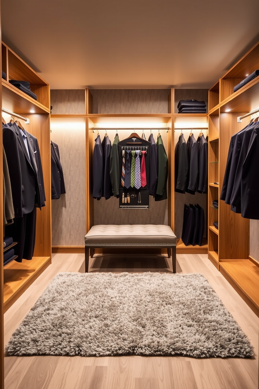 A dedicated space for suits features elegant wooden shelving and hanging rods that accommodate various suit styles. The walls are adorned with soft gray wallpaper, and a plush area rug adds warmth to the floor. In the center, a comfortable upholstered bench provides a place to sit while dressing. Ambient lighting illuminates the space, highlighting the carefully arranged ties and accessories displayed on a stylish organizer.