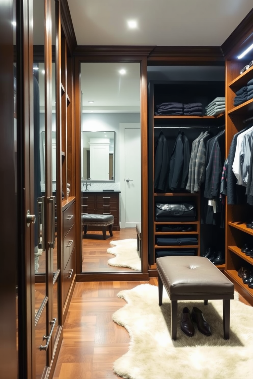 A stylish men's walk-in closet featuring a full-length mirror that enhances the space. The closet includes custom shelving and hanging areas for suits, shirts, and accessories, all in a rich wood finish. Soft lighting illuminates the area, creating an inviting atmosphere. A plush area rug adds warmth, while a sleek bench provides a comfortable spot for putting on shoes.