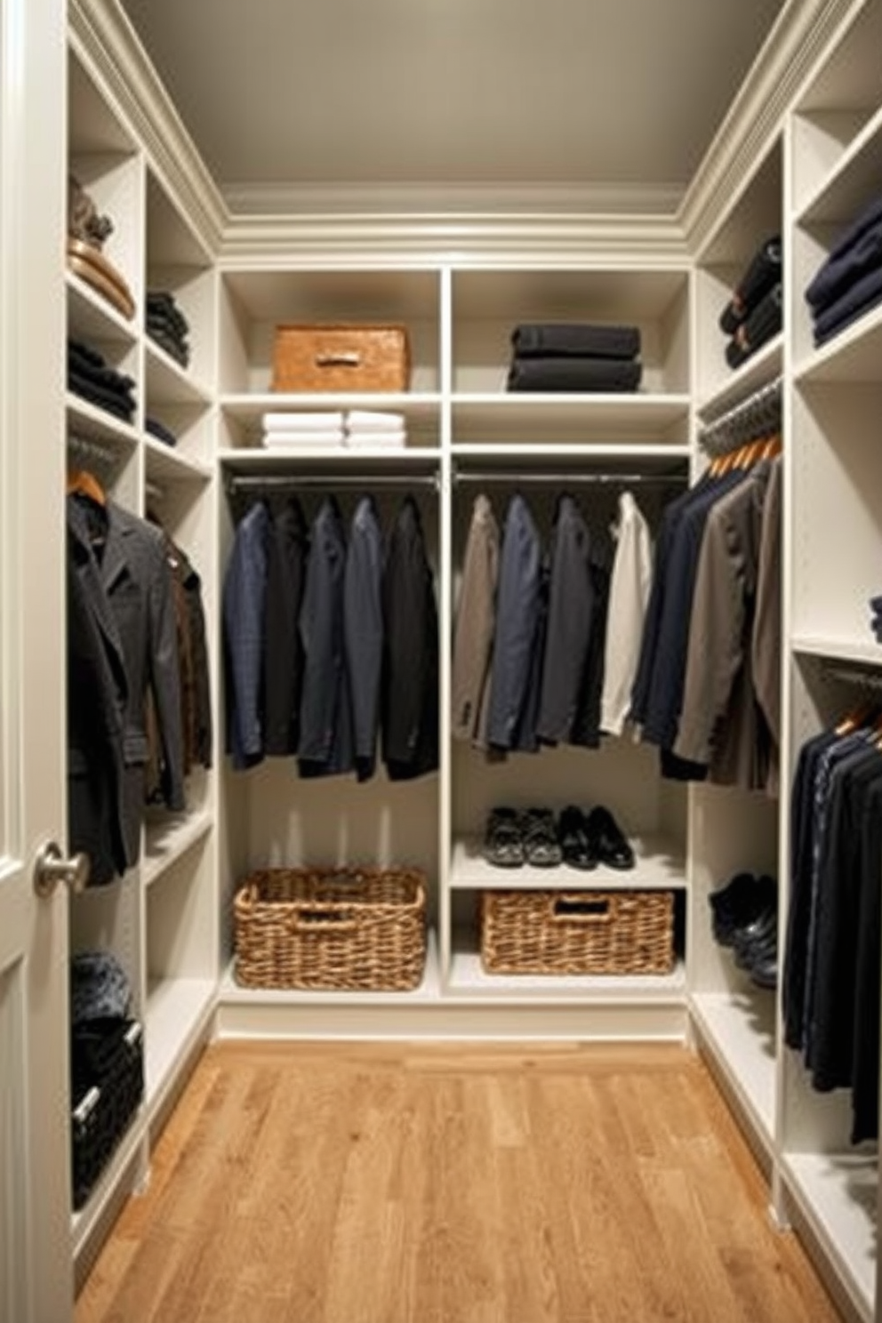 A stylish men's walk-in closet features custom shelving and hanging space for suits and casual wear. Baskets are used for smaller items and accessories, adding both organization and a touch of elegance to the design.