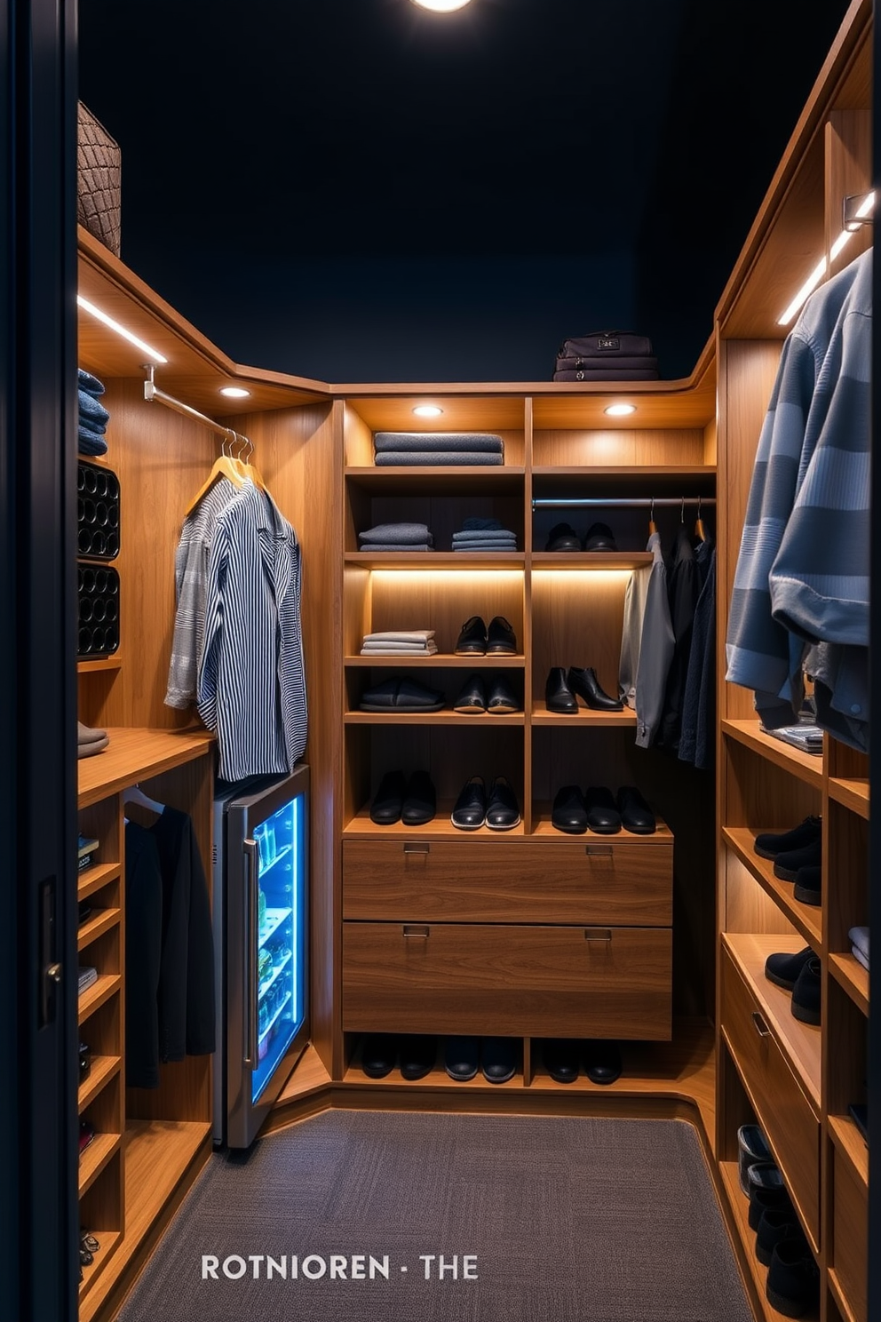 A stylish men's walk-in closet featuring custom shelving and hanging space. The design includes a small fridge for beverages discreetly placed in one corner, ensuring convenience and luxury. The walls are painted in a deep navy blue, complemented by warm wooden accents throughout. Soft ambient lighting highlights the organized shoe racks and neatly arranged accessories, creating an inviting atmosphere.