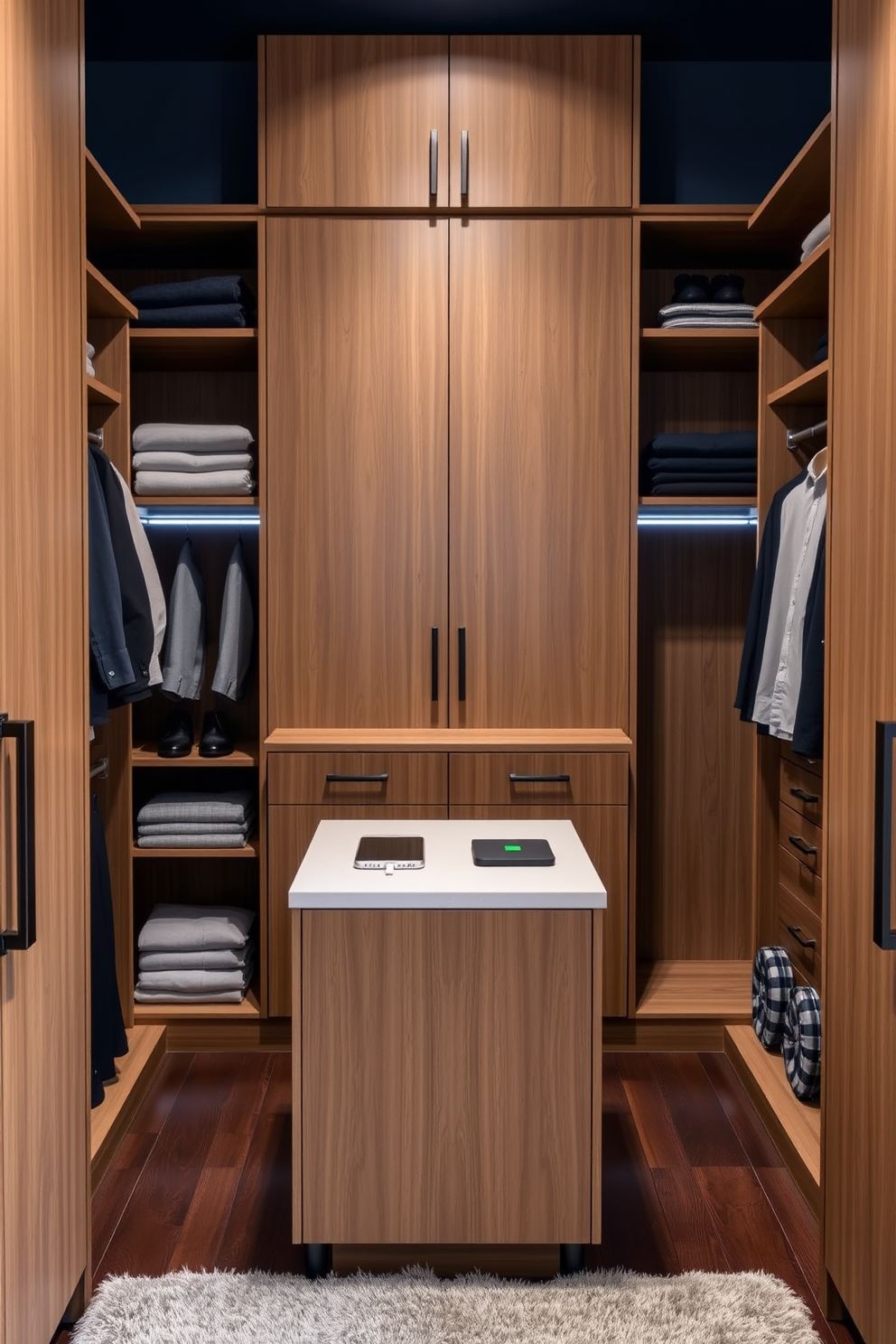 A stylish men's walk-in closet featuring custom shelving and hanging space designed for optimal organization. A small television is mounted on the wall, providing entertainment while getting ready, and a plush armchair is placed in the corner for relaxation.