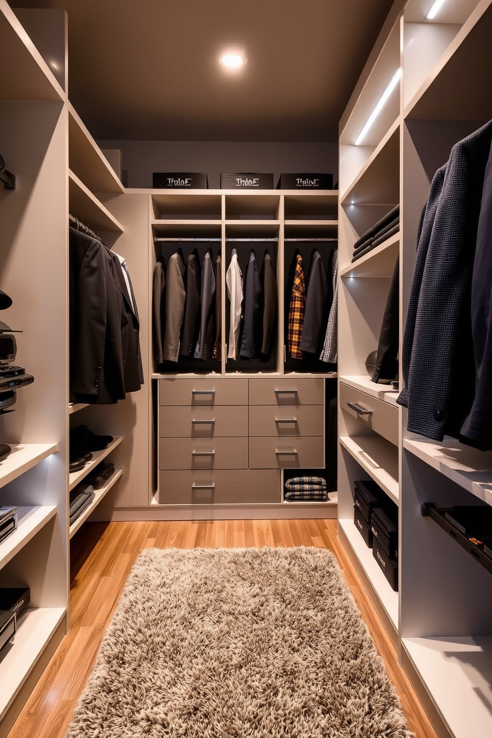 A stylish men's walk-in closet features custom shelving and hanging space for suits and casual wear. The floor is covered with a plush area rug that adds warmth and texture, while LED lighting highlights the organized layout.