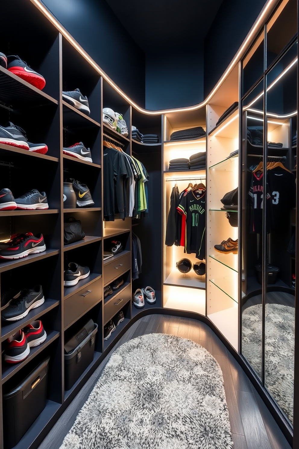 A modern men's walk-in closet designed for sports gear storage. The space features custom shelving units to neatly organize athletic shoes and equipment, with a dedicated area for hanging sports jerseys and jackets. The walls are painted in a deep navy blue, creating a sleek backdrop for the bright, illuminated shelving. A plush area rug adds comfort underfoot, while a full-length mirror enhances the functionality of the space.