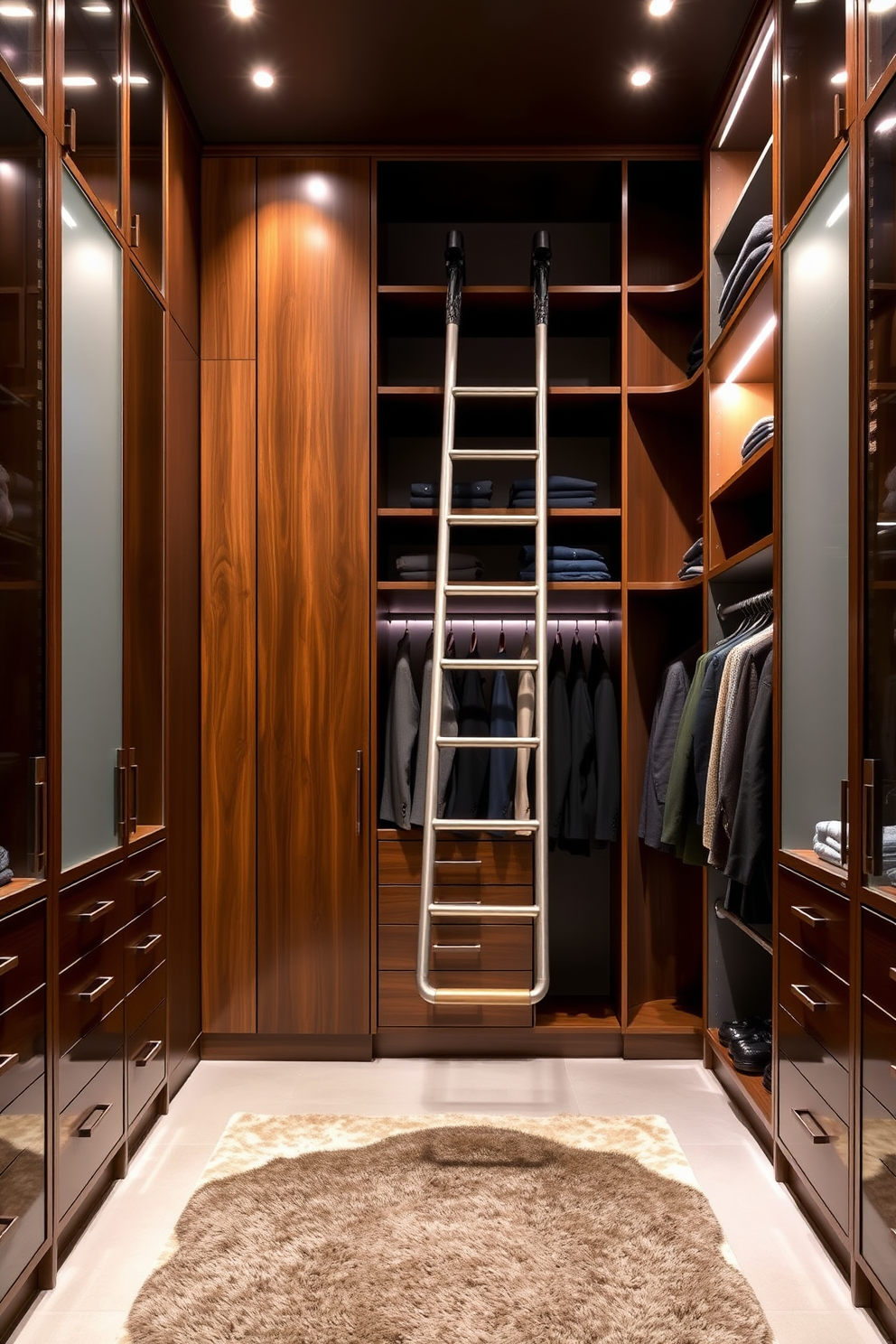 A luxurious men's walk-in closet featuring high shelves accessible by a stylish rolling ladder. The space is adorned with rich wood cabinetry, soft ambient lighting, and a plush area rug, creating an inviting atmosphere for organizing clothing and accessories.