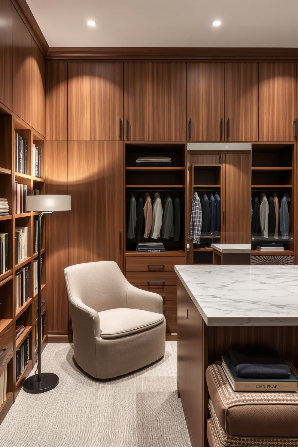 A cozy reading nook in the closet features a plush armchair upholstered in soft fabric, positioned next to a built-in bookshelf filled with an array of books. Soft lighting from a stylish floor lamp illuminates the space, creating an inviting atmosphere for relaxation. The men's walk-in closet design incorporates sleek wooden cabinetry with ample storage for clothing and accessories. A central island with a marble top provides additional space for folding clothes and displaying personal items, while a full-length mirror enhances the sense of openness.