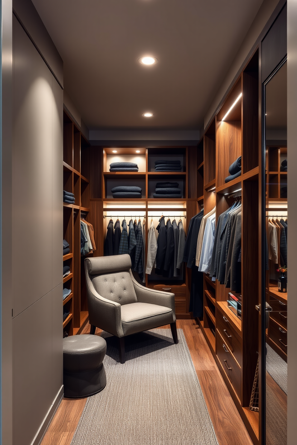 A men's walk-in closet features a spacious layout with custom shelving and hanging rods for optimal organization. A stylish lounge chair is placed in one corner, providing a comfortable spot for dressing or relaxing. The walls are adorned with rich wood paneling, complemented by elegant lighting that highlights the clothing displays. A plush area rug adds warmth to the space, while a full-length mirror enhances the overall functionality and aesthetics.