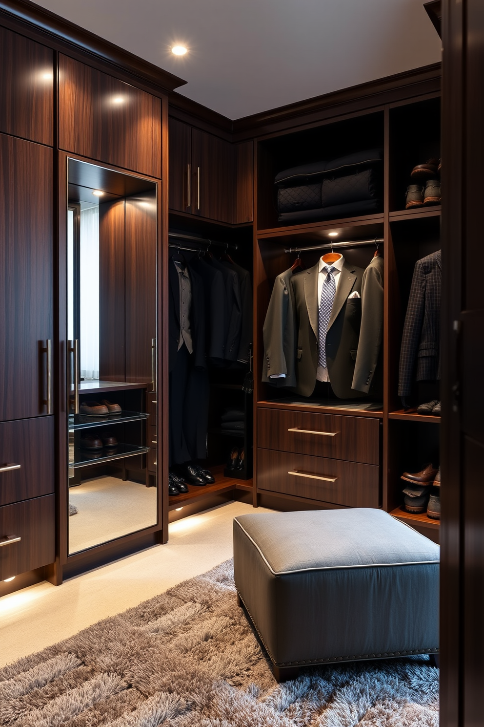 A luxurious men's walk-in closet featuring a sleek design with hidden compartments for valuables. The space includes rich wooden cabinetry with a mix of open shelving and closed storage, creating an organized yet stylish environment. Soft ambient lighting illuminates the closet, highlighting tailored suits and neatly arranged shoes. A plush area rug adds warmth, while a full-length mirror enhances the feeling of spaciousness and elegance.