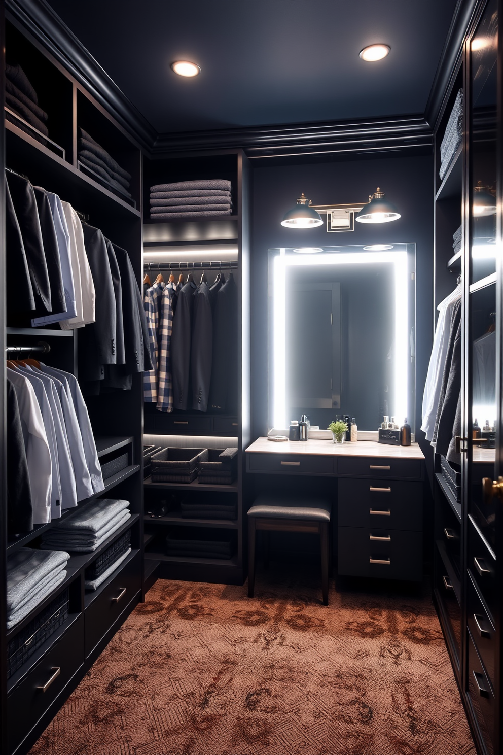 A stylish men's walk-in closet featuring custom shelving and hanging space for suits and shirts. The floor is covered with a plush gray carpet, and the walls are painted in a deep navy blue for a sophisticated touch. In one corner, a sleek makeup vanity is designed for grooming needs, complete with a large illuminated mirror and organized storage for grooming products. Elegant lighting fixtures above the vanity provide a warm glow, enhancing the overall ambiance of the space.