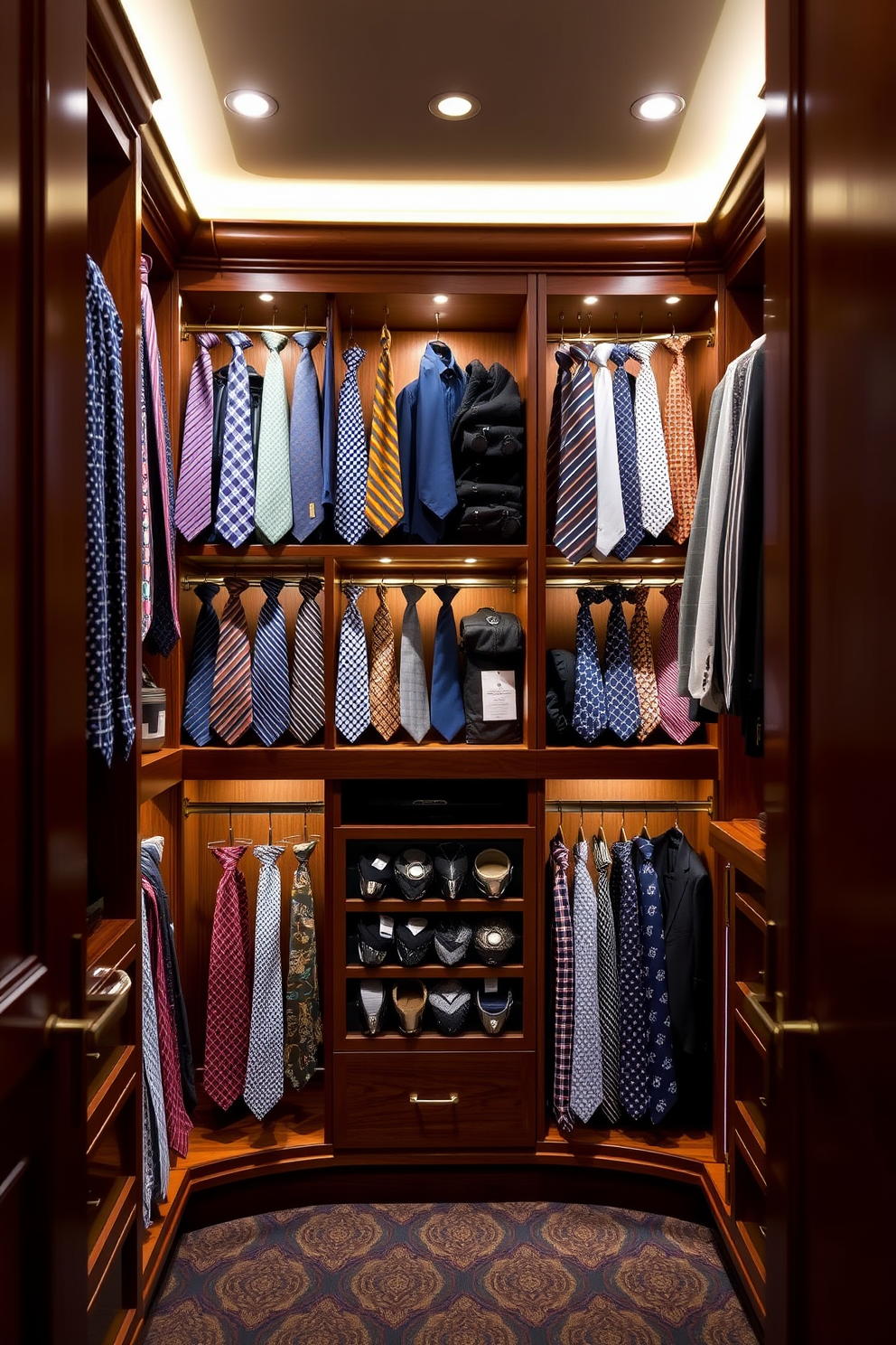 A luxurious men's walk-in closet featuring custom tie racks for organized storage. The space is designed with rich wood cabinetry and soft ambient lighting, creating an inviting atmosphere.