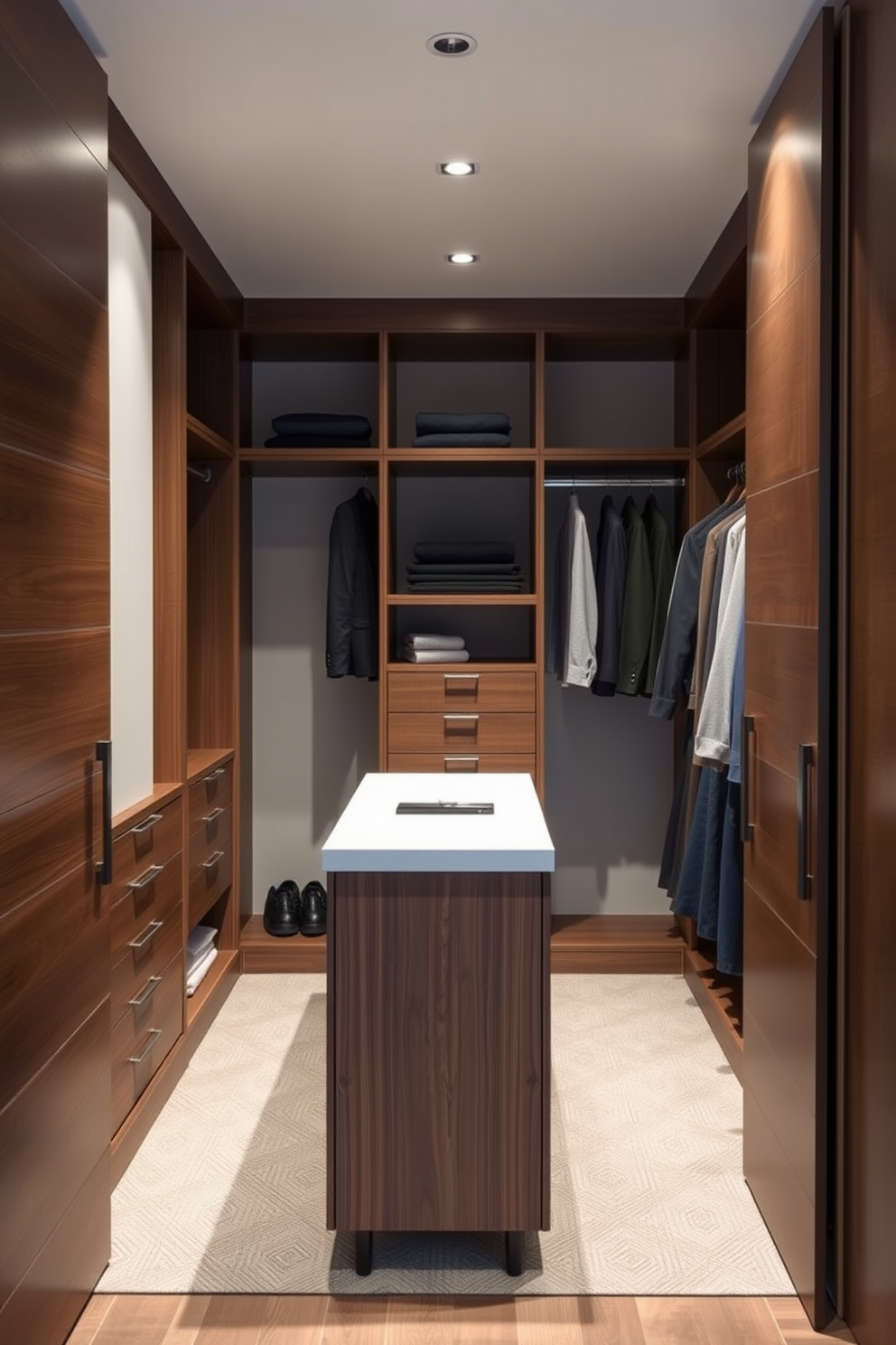 A men's walk-in closet featuring sleek sliding doors that maximize space efficiency while offering a modern aesthetic. The interior is organized with custom shelving, hanging rods, and a central island for accessories, all in a rich wood finish.