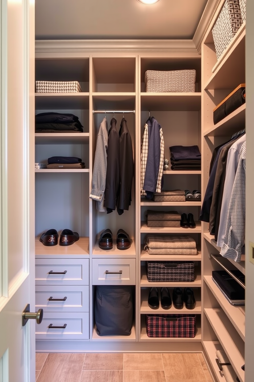 A men's walk-in closet features built-in shelves that provide efficient organization for clothing and accessories. The design includes a mix of hanging space and open shelving, allowing easy access to items while maintaining a clean and stylish appearance.