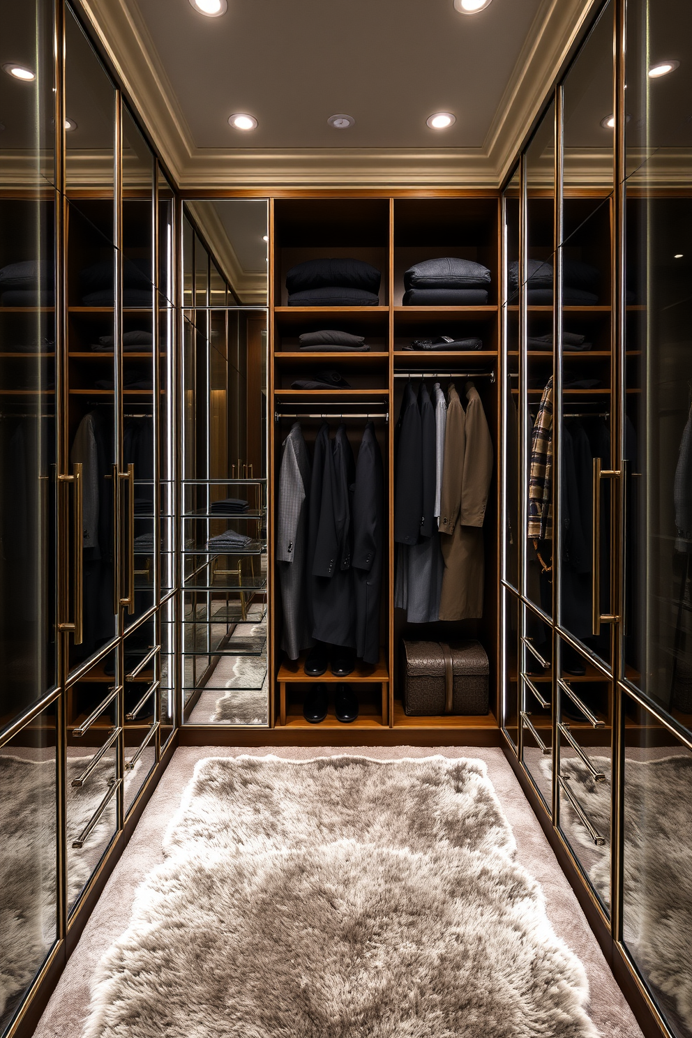 A luxurious men's walk-in closet featuring mirrored cabinets that enhance the space visually. The design includes ample shelving and hanging space, with a plush area rug underfoot and stylish lighting illuminating the room.