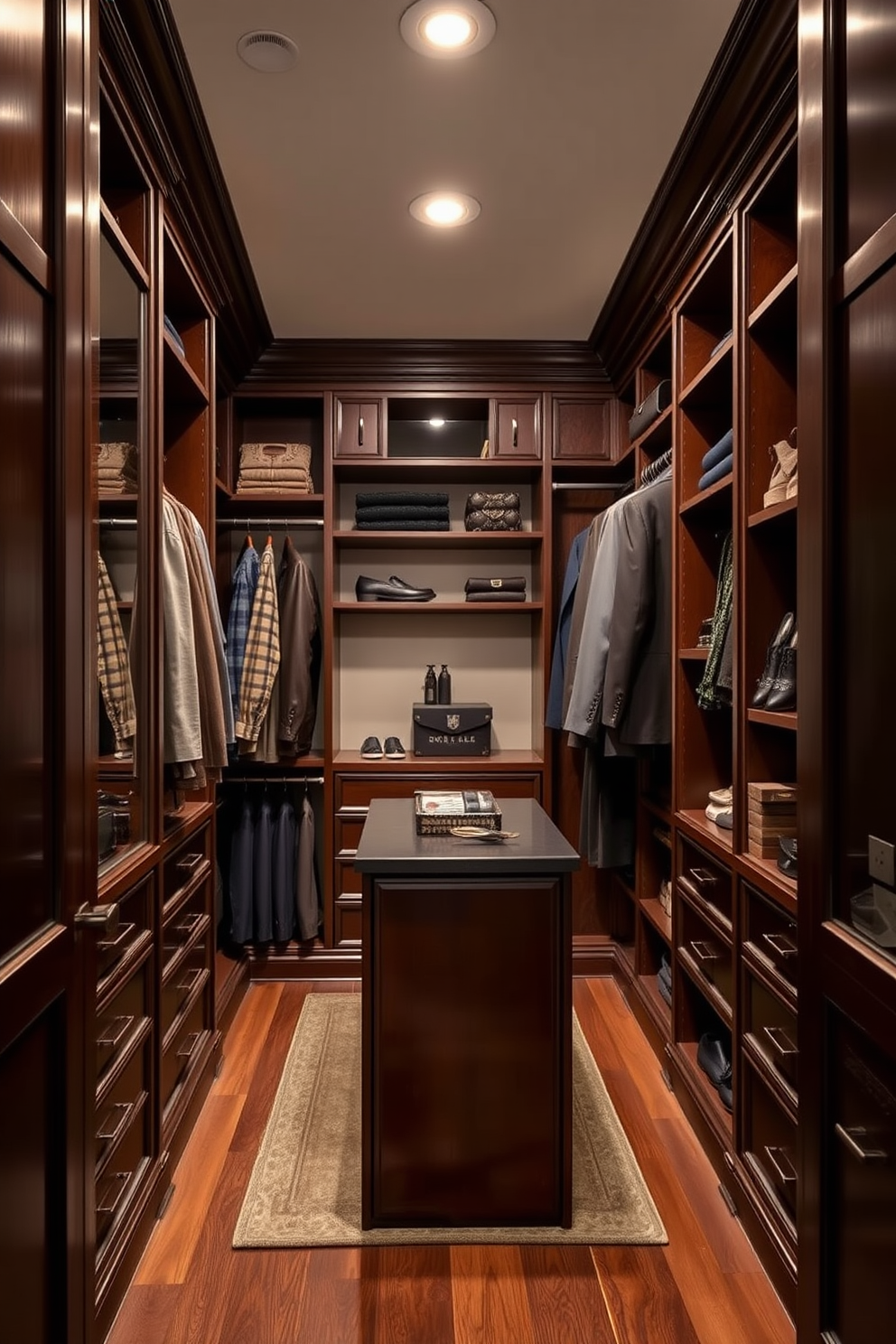 A men's walk-in closet featuring dark wood finishes creates a sophisticated and masculine atmosphere. The space includes custom shelving and hanging areas, complemented by a plush area rug for added comfort. Incorporate a central island with storage drawers for accessories and a full-length mirror to enhance functionality. Soft, ambient lighting highlights the rich textures of the wood and provides a warm glow throughout the space.