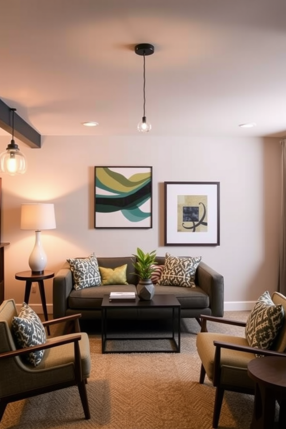 Create a stylish basement space that embodies Mid Century Modern design. Incorporate statement lighting fixtures with unique shapes and colors to enhance the ambiance and add personality to the room.