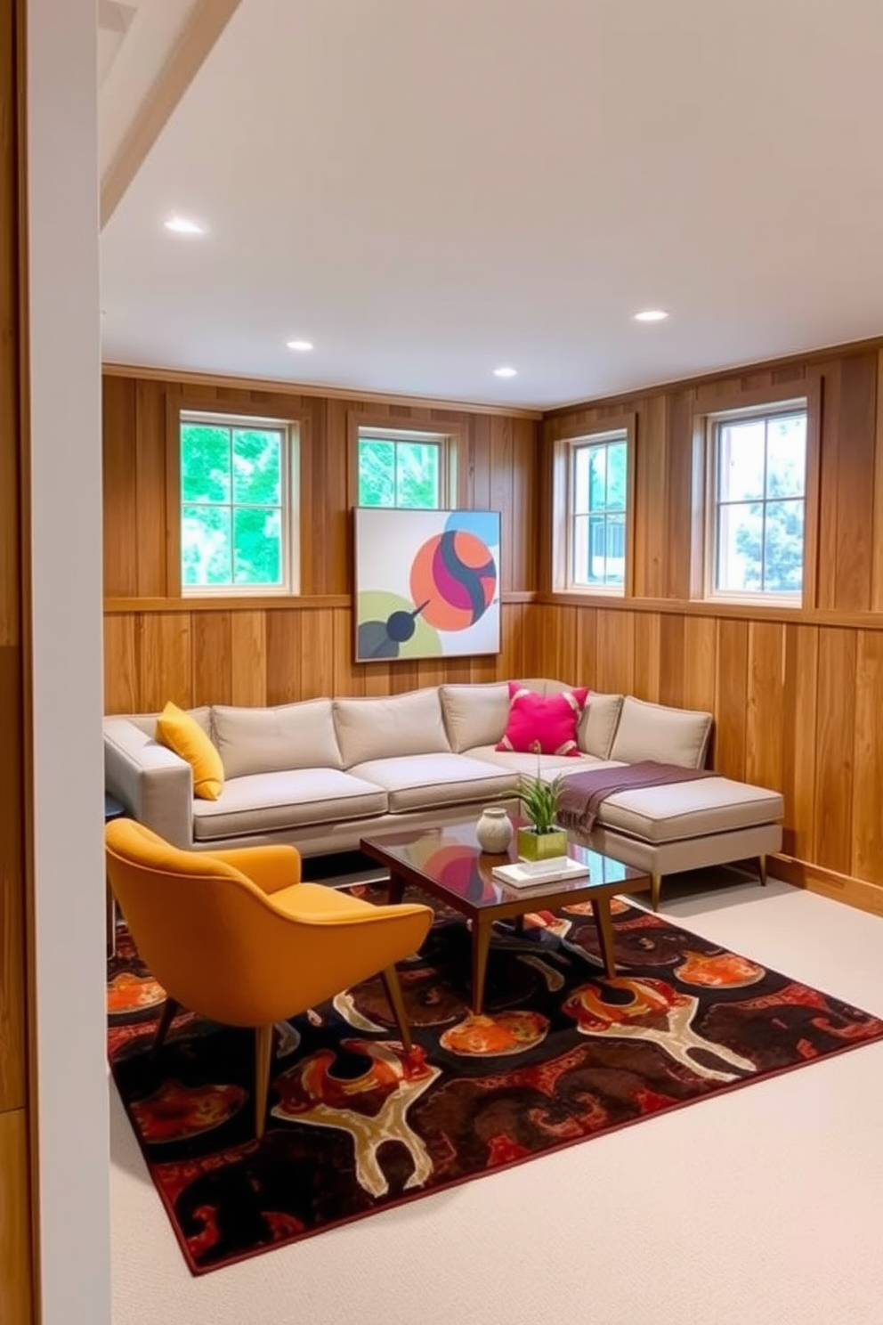 A stylish basement designed in Mid Century Modern style features a neutral color palette complemented by vibrant accents. The space includes a cozy seating area with a sleek sectional sofa and colorful throw pillows, alongside a retro coffee table that adds character. Warm wooden paneling lines the walls, creating an inviting atmosphere, while large windows allow natural light to flood the room. A bold area rug anchors the seating area, and a statement piece of artwork adds a touch of personality to the decor.