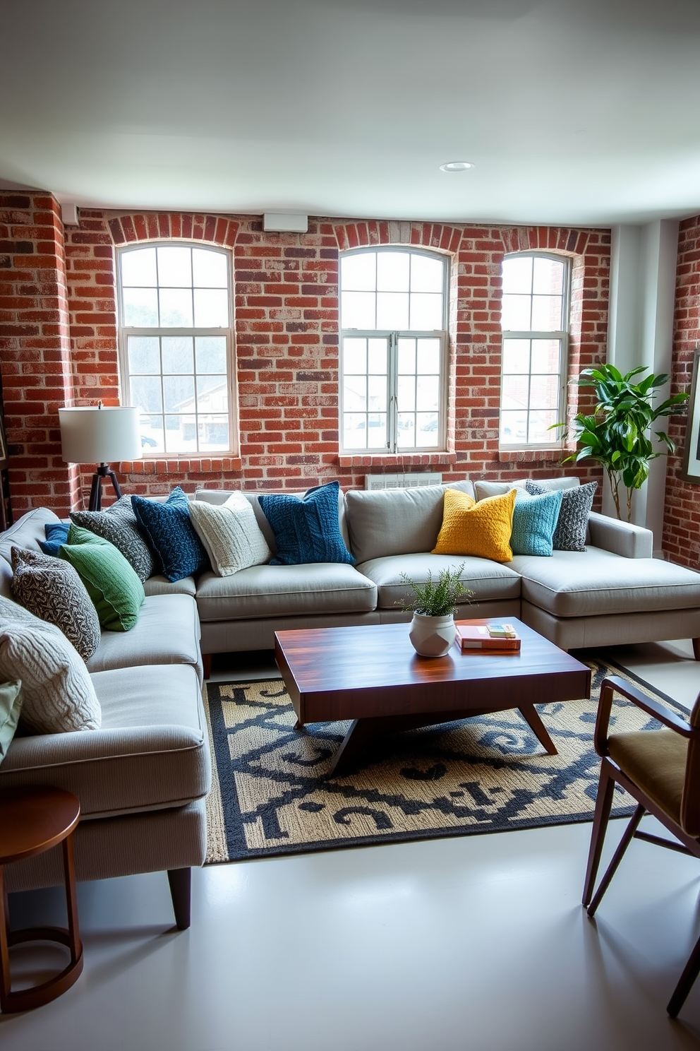 Textured throw pillows in various shades of blue and green are scattered across a sleek sectional sofa, inviting relaxation and warmth. A stylish area rug with geometric patterns anchors the space, while a mid-century modern coffee table made of walnut wood adds a touch of elegance. The basement features exposed brick walls painted in a soft white, creating a bright and airy atmosphere. Large windows allow natural light to filter in, illuminating the carefully curated decor that blends vintage and contemporary elements seamlessly.